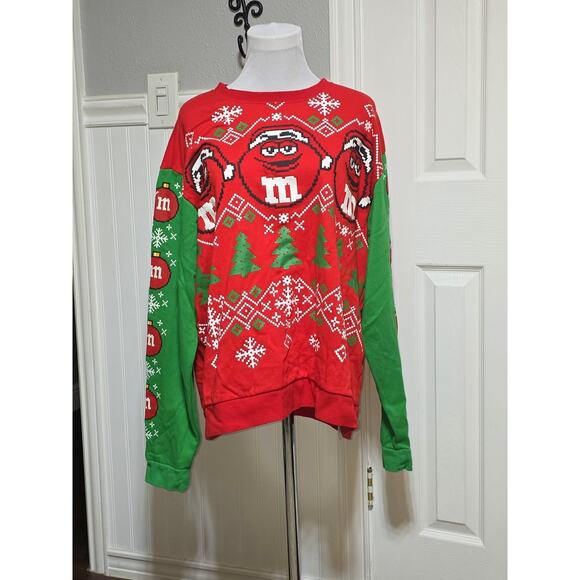 M&M Christmas Face Fleece Red and Green Sweatshirt Pullover Long Sleeve Women - Picture 1 of 8